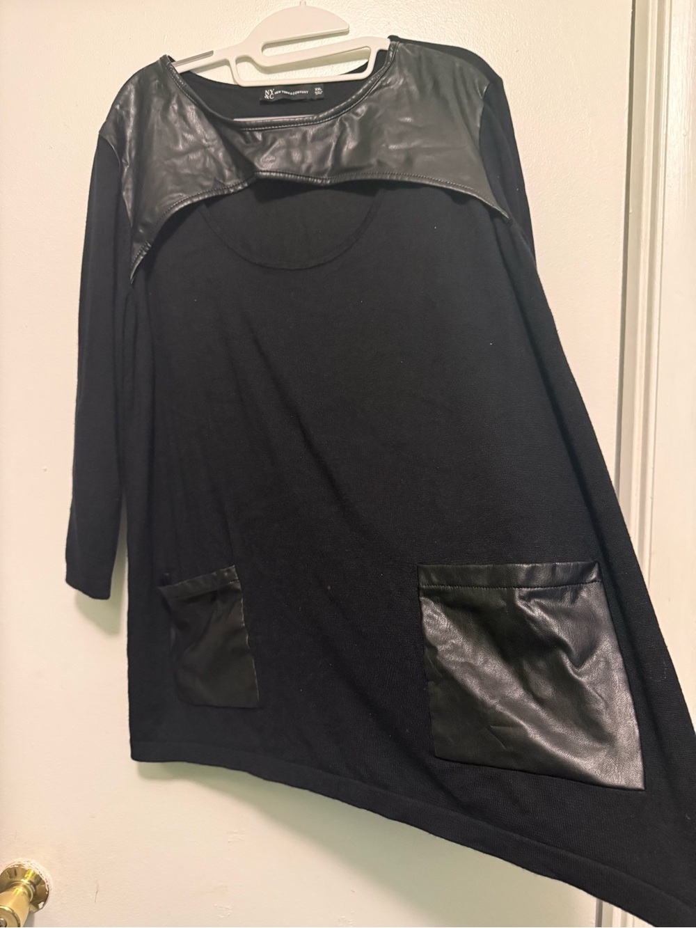 New York & Company Black Tunic with Faux Leather Yoke